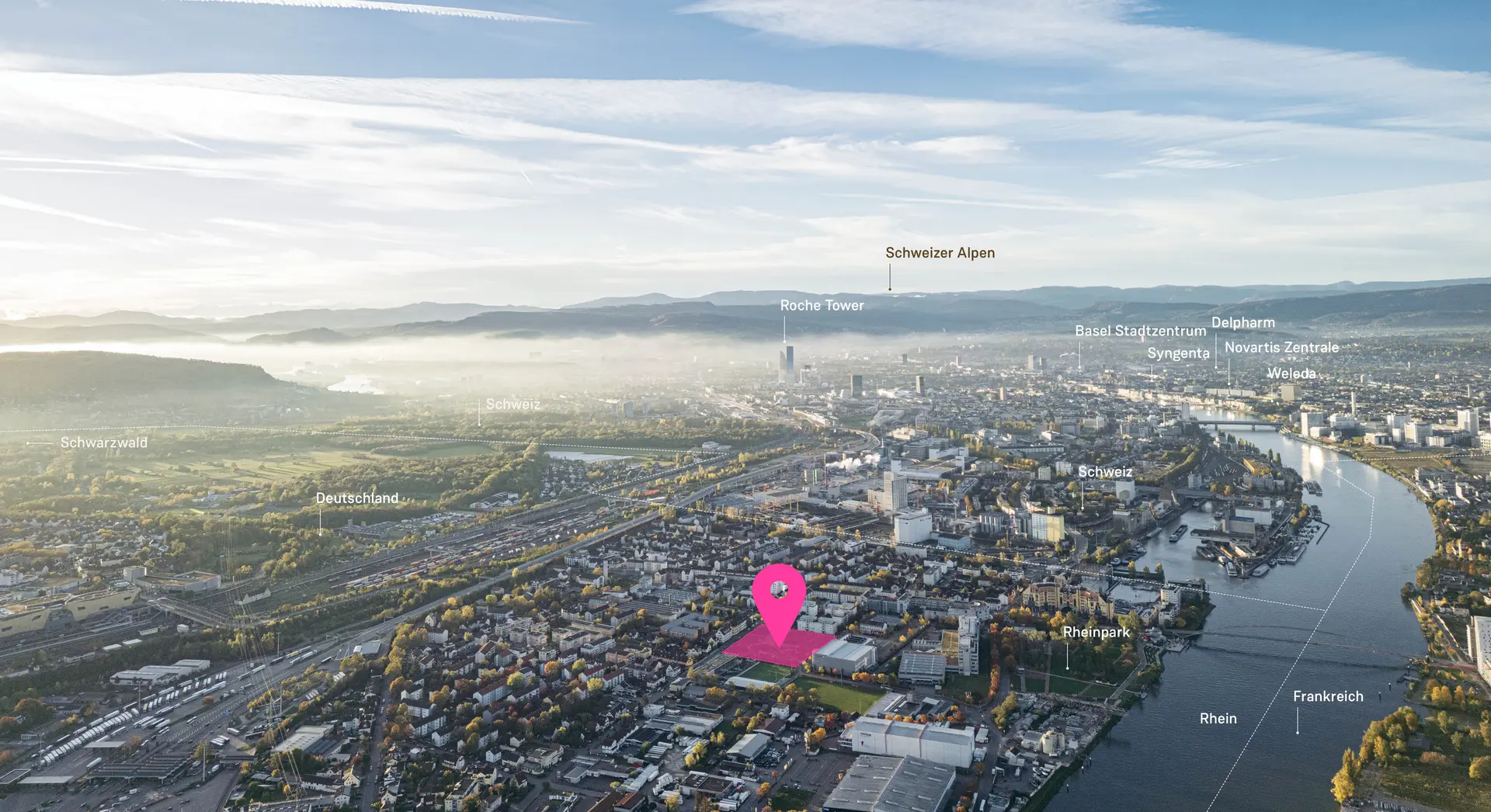 Beschriftete Luftaufnahme über Weil am Rhein Richtung Basel: Roche Tower, Basel Stadtzentrum, Novartis, Rhein, Rheinpark und die Grenzen zu Schweiz und Frankreich